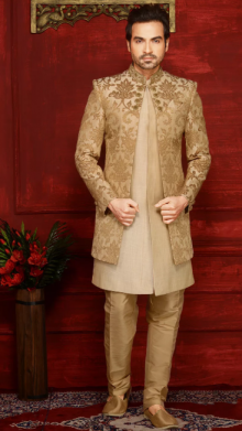 Embroidered Silk Sherwani In Beige