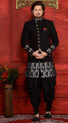 Woven Velvet Jacquard Sherwani In Black 