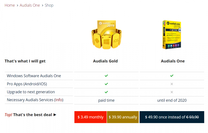 Pricing Information of Audials One