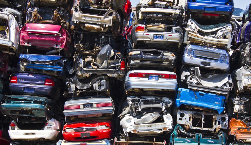 Discarded Junk Cars Piled Up After Crushing