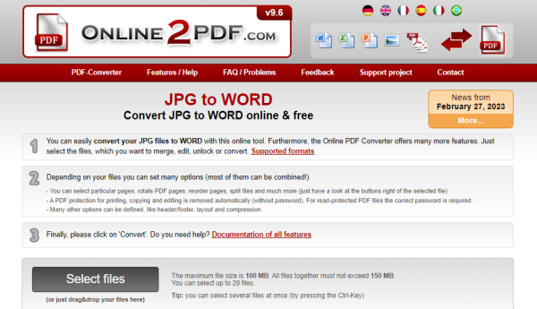 Online2pdf - JPG to word converter